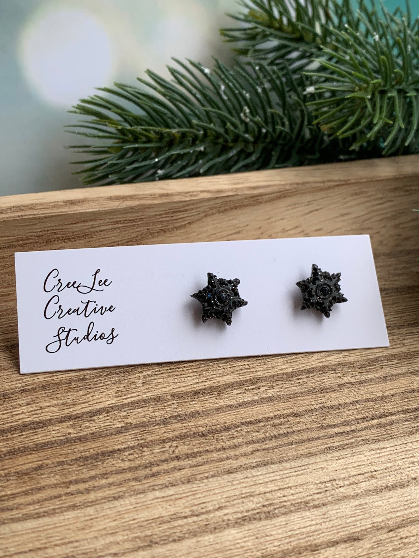 Winter - Snowflake Stud Earrings — Handcrafted Star Snowflake Studs with Center Crystal | White • Black • Gold