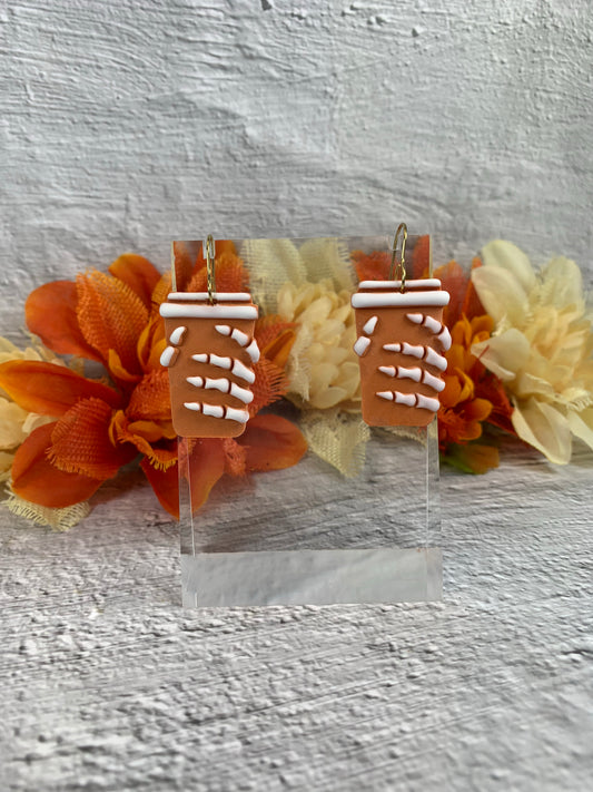 NEW * Dead Tired Pumpkin Spice — Skeleton Coffee Cup Halloween Earrings