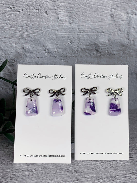 Petite Amelia Earrings – Purple Marble Polymer Clay with Silver Bow Studs