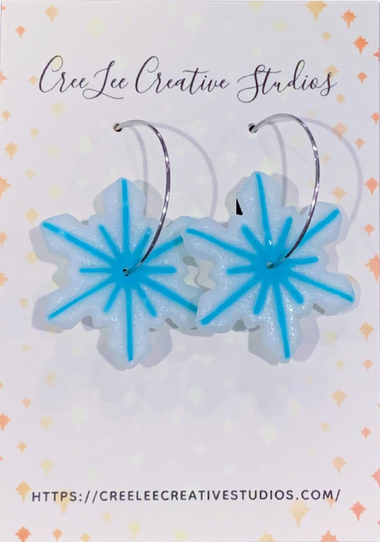 Winter - Polymer Clay Snowflake Hoop Earrings — Turquoise Accent on Stainless Steel Hoops