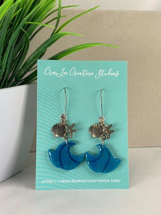 Blue Wave & Seashells Dangle Earrings