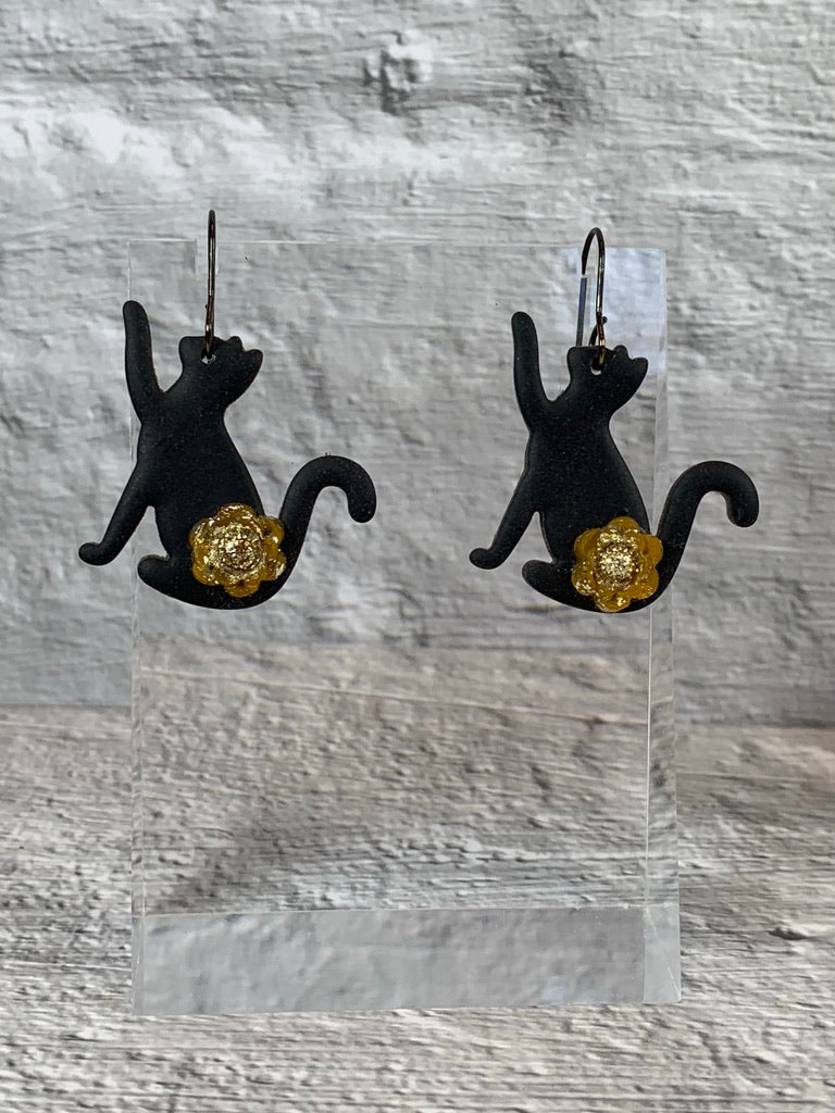 NEW * The Bewitched Cat Earrings — Black Cat and Flower Polymer Clay Jewelry