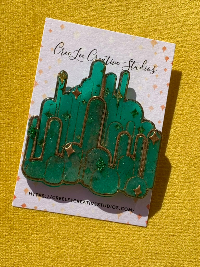 Wicked City of Oz Pin – Handmade Emerald Skyline Polymer Clay Pin | Wicked Collection by CreeLee Creative Studios