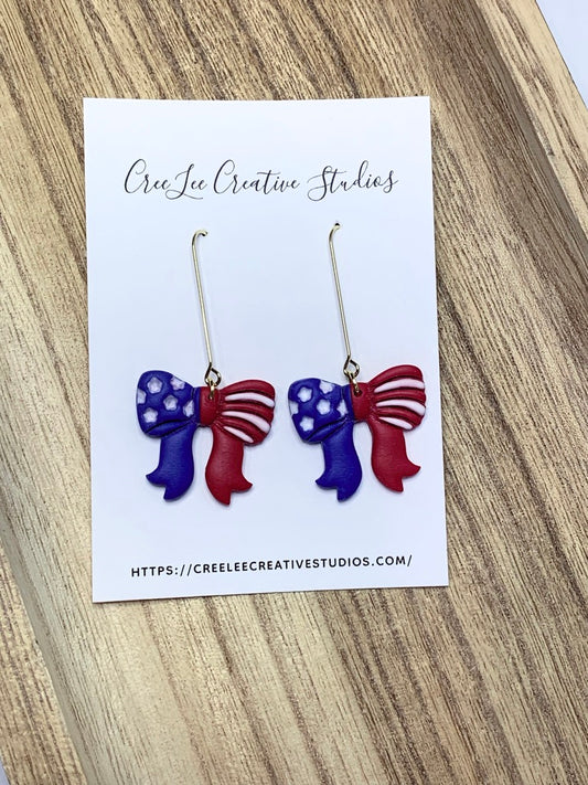 Star-Spangled Bow Drop Earrings – Handmade Americana Polymer Clay Statement Earrings