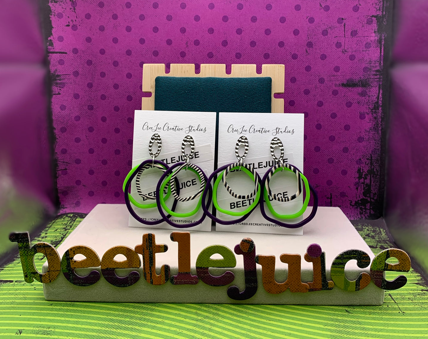 Beetlejuice - Circles Earrings in Purple, Green and Black & White Strips