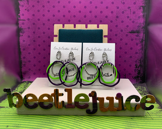 Beetlejuice - Circles Earrings in Purple, Green and Black & White Strips