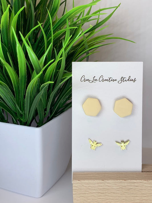 New - Hex & Honey Bee Stud Set – Handmade Honeycomb & Bee Earrings
