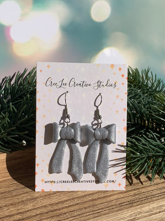 Winter Silver-Leaf 3D Bow Statement Earrings — Large Silver Clay Bows