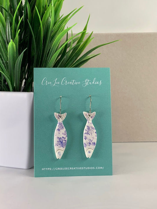 New - Blue Floral Sardine Earrings – Handmade Coastal Fish Dangle Earrings