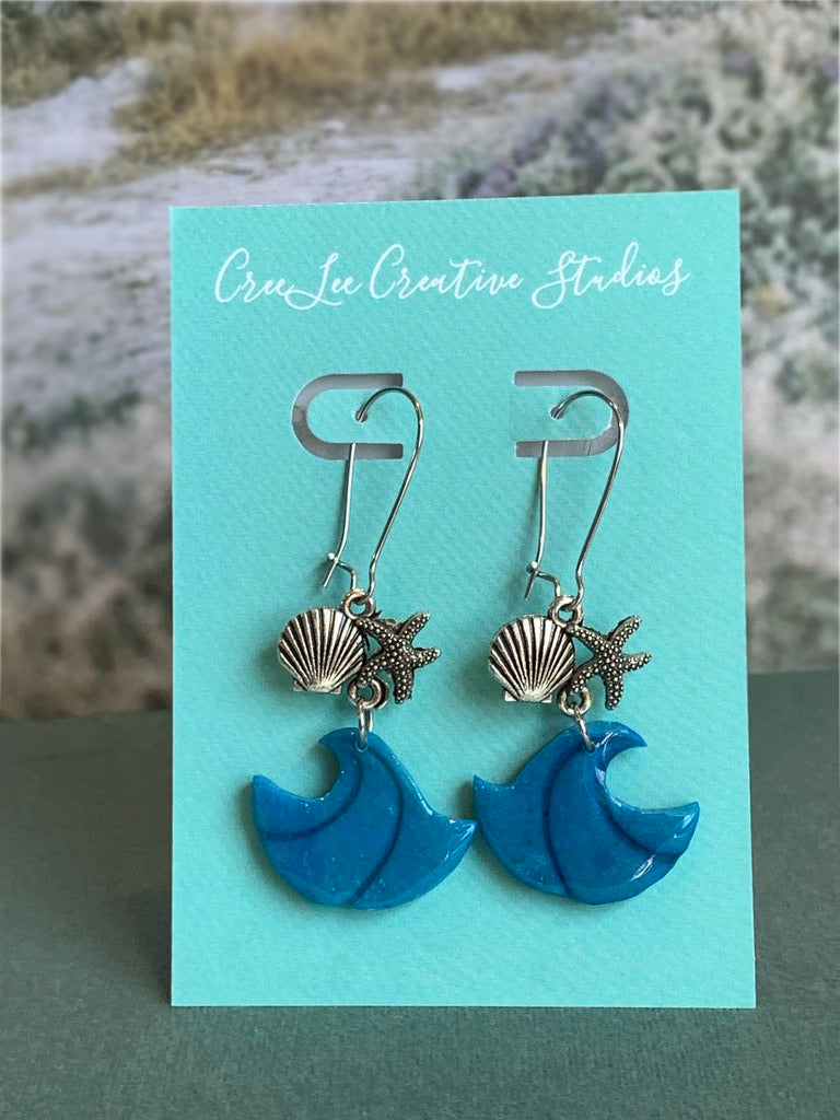 Blue Wave & Seashells Dangle Earrings