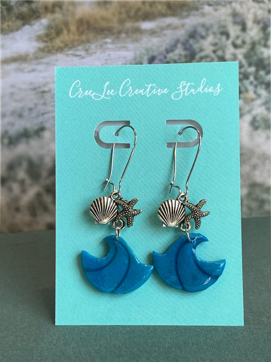 Blue Wave & Seashells Dangle Earrings