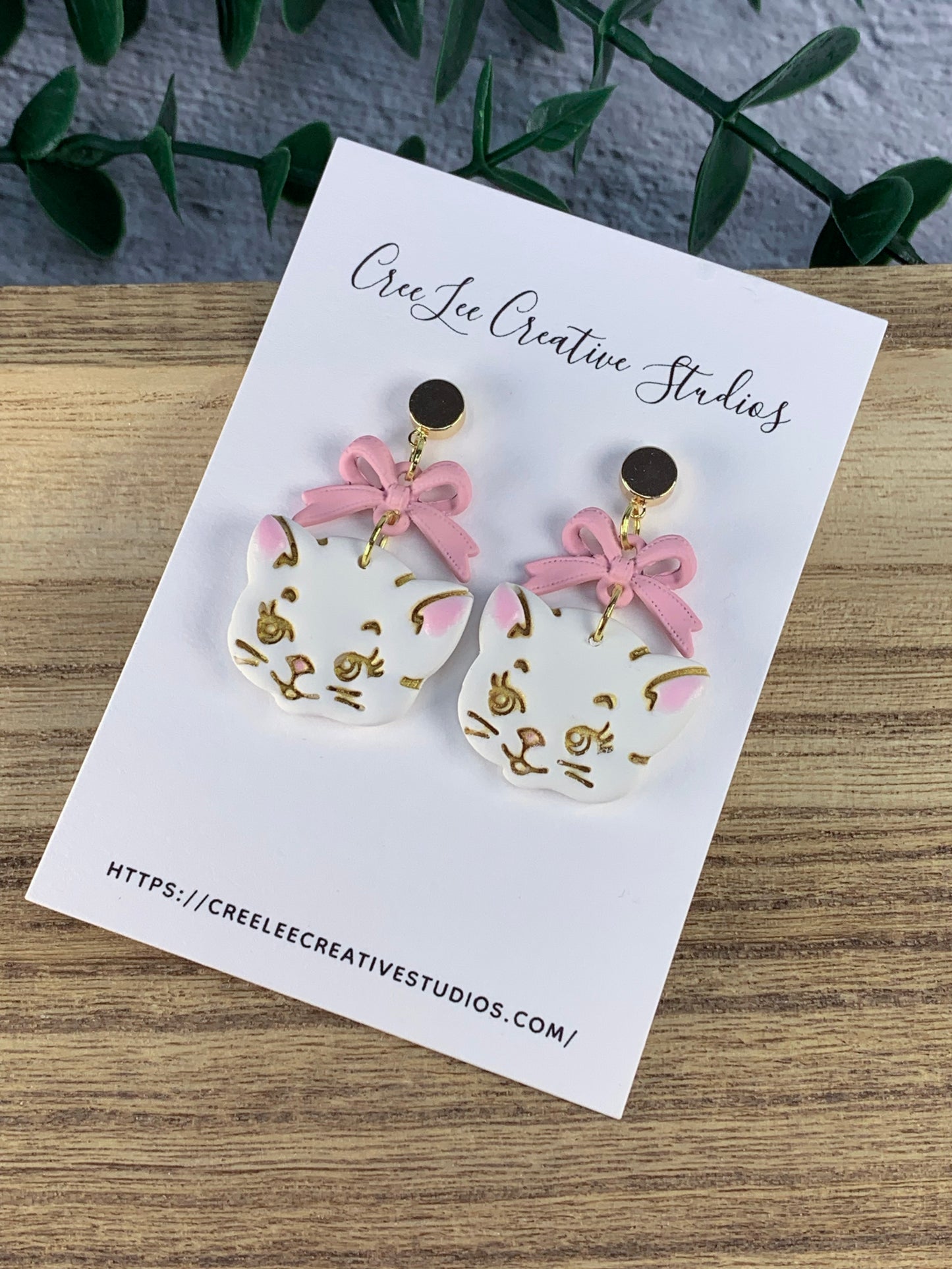 Vintage White Cat Earrings with Pink Bow & Gold Details