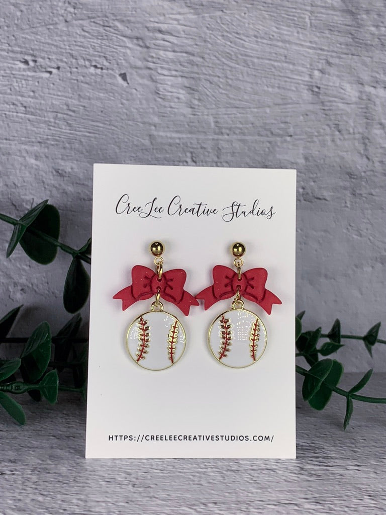 Red or White Bow Baseball Charm Hoop Earrings – Gold Enamel Baseball Dangle Earrings