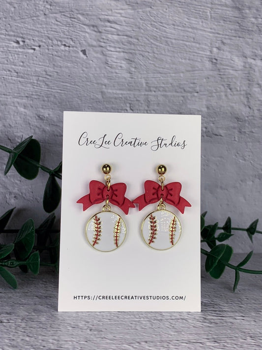 Red or White Bow Baseball Charm Hoop Earrings – Gold Enamel Baseball Dangle Earrings