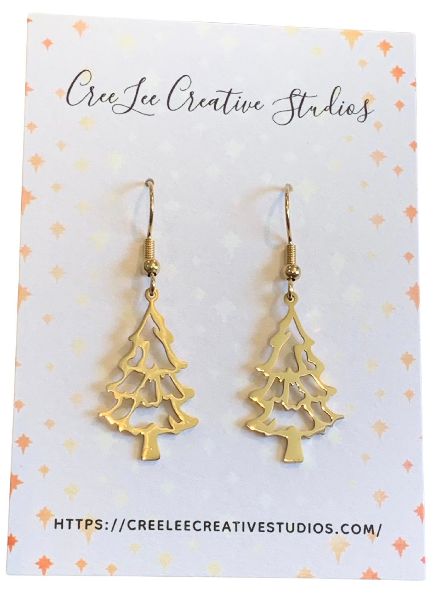 Winter - Gold Christmas Tree Earrings — 14K Gold-Plated Stainless Steel Cut-Out Dangle Earrings | Lightweight Holiday Jewelry