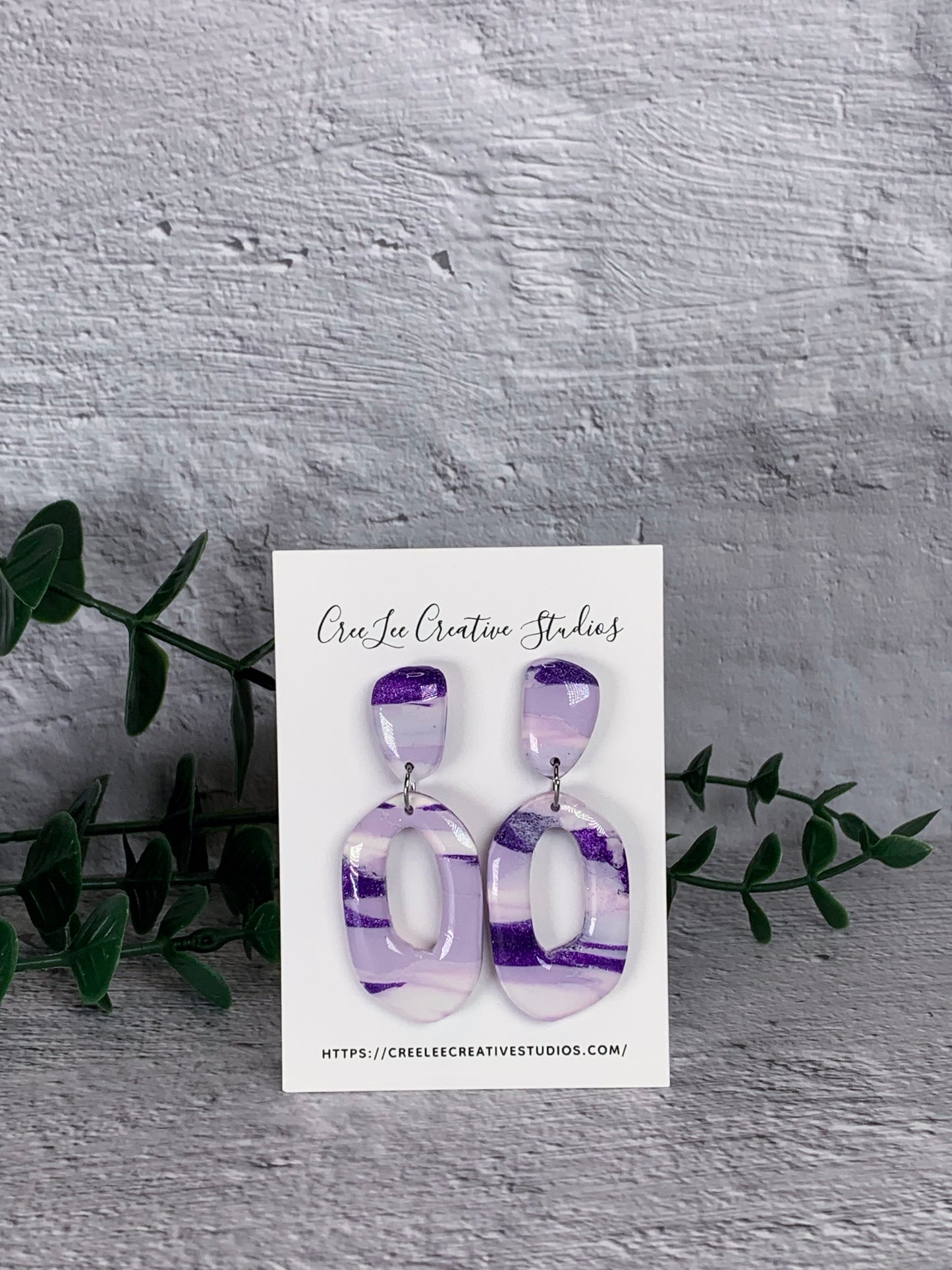 Lavender Marble Hollow Oval Polymer Clay Dangle Earrings