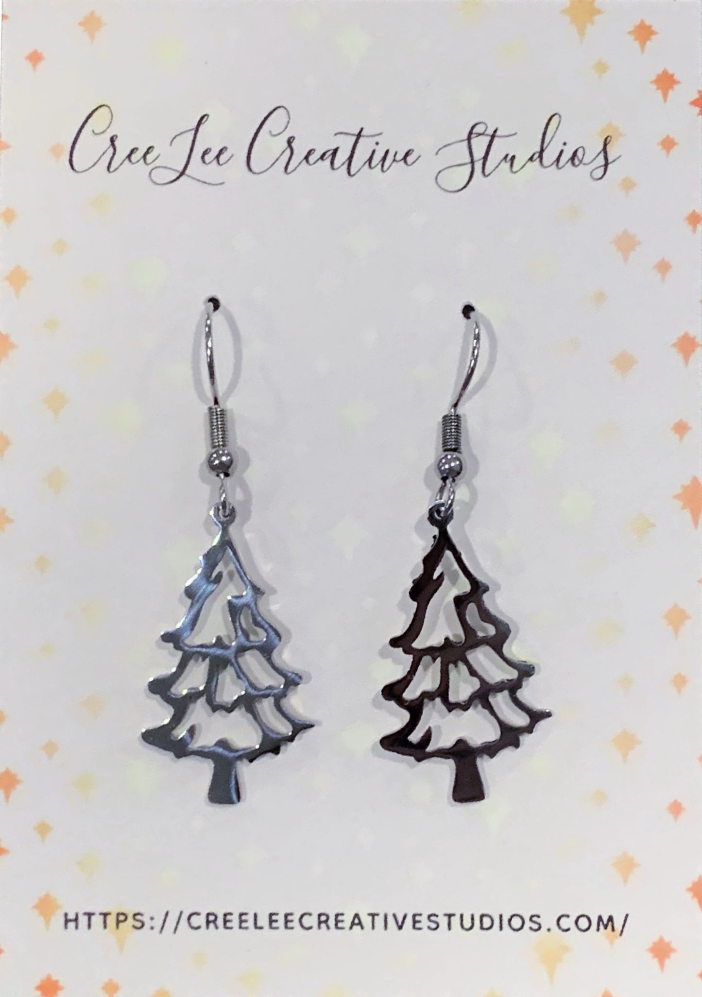 Winter - Silver Christmas Tree Earrings — Stainless Steel Cut-Out Dangle Earrings | Lightweight Holiday Jewelry