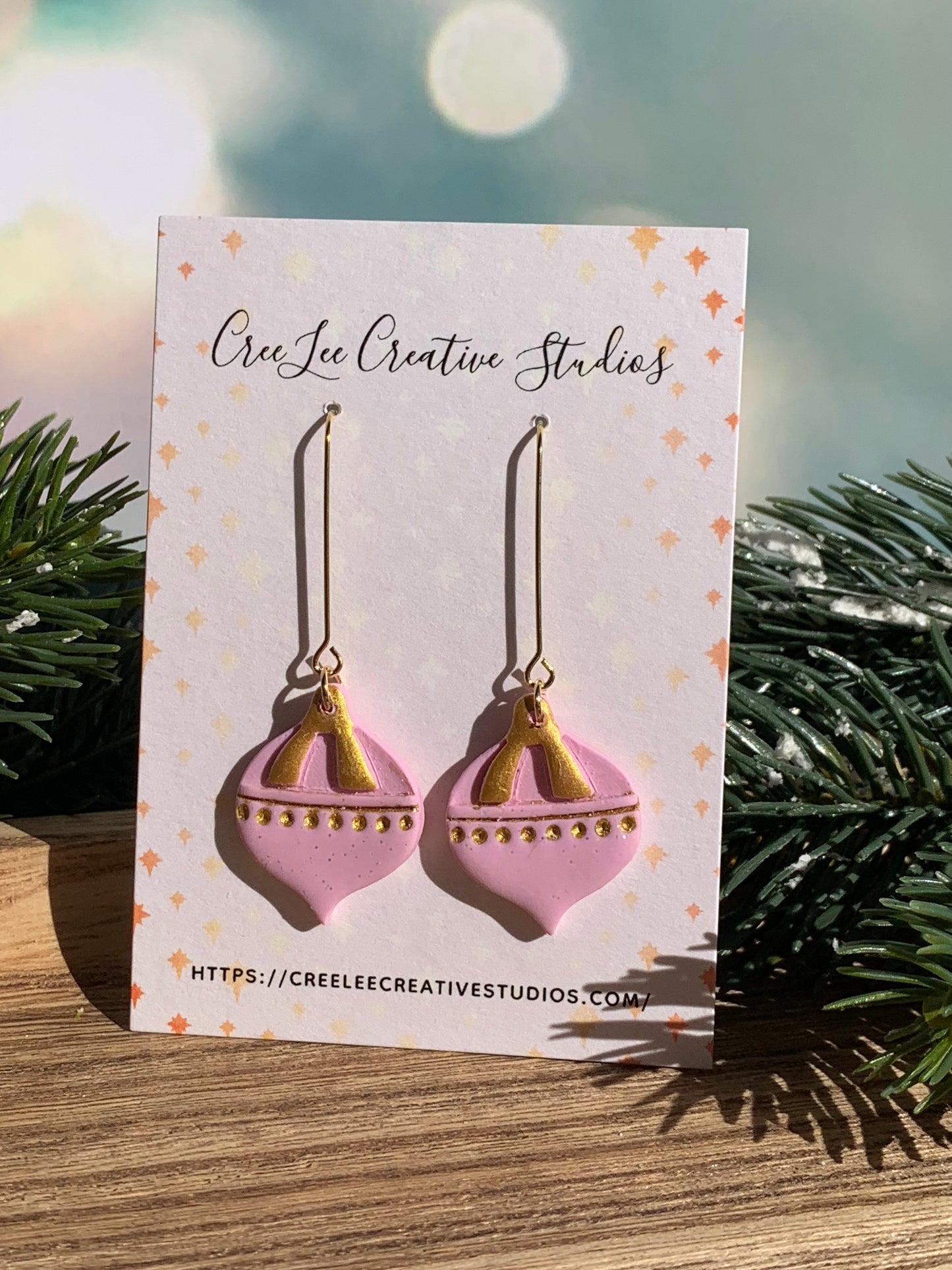 "New" Winter - Vintage Pink Ornament Dangle Earrings – Gold Accented MCM Holiday Statement