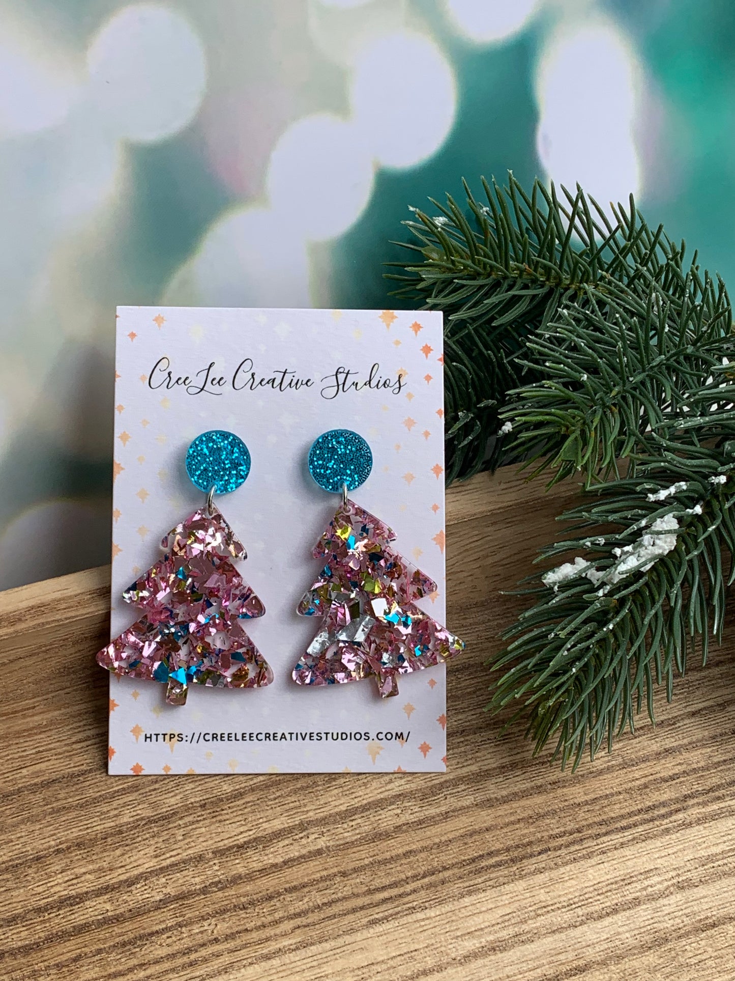 Winter - Confetti Acrylic Pink and Turquoise Christmas Tree Earrings | Lightweight Holiday Earrings