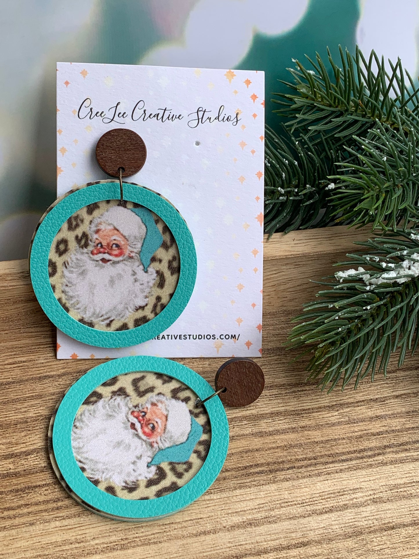 Winter - Leopard Santa Statement Earrings — Round Wood Stud with Turquoise Hat Accent on Faux Leather | Large Holiday Statement Earrings