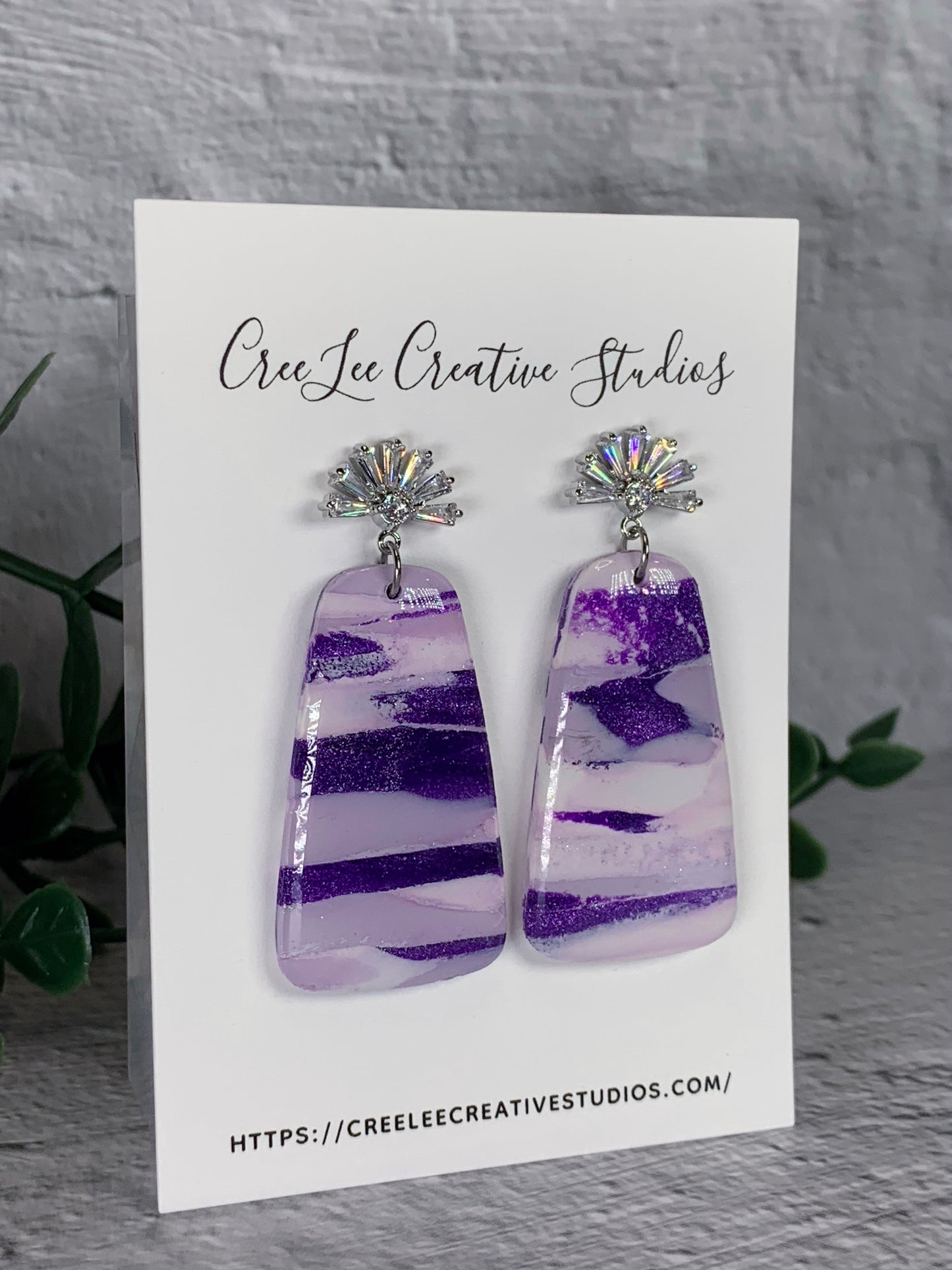 Amelia Earrings – Purple Marble Polymer Clay with Silver Foil & CZ Sunburst Studs