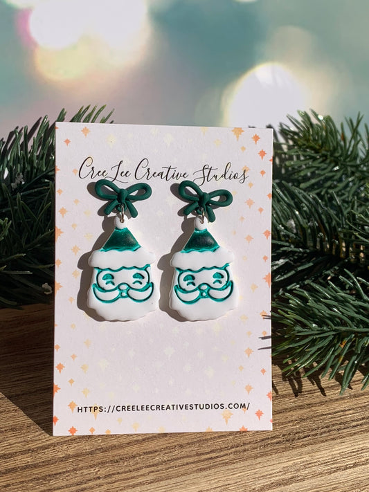 "New" Winter Retro Green Santa Dangle Earrings — Hand-Painted Polymer Clay Holiday Earrings