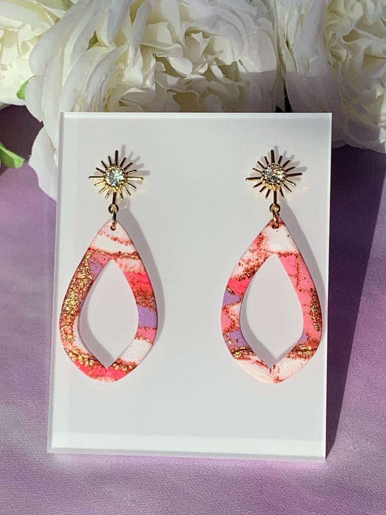 Marbled Earrings - Pink Marbled Raindrop on CZ Post