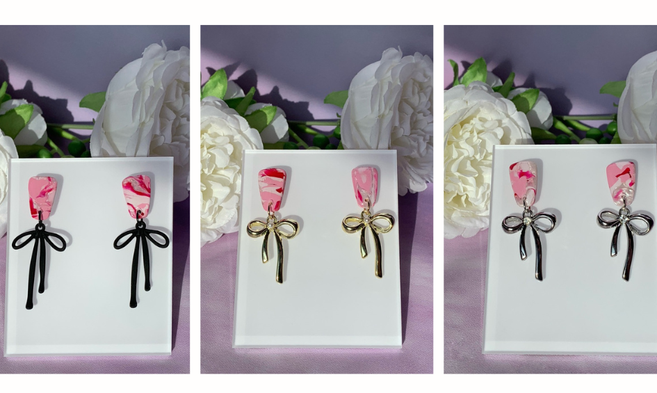 Marbled Earrings - Pink Marble Stud with Dangling Black, Gold or Silver Bows