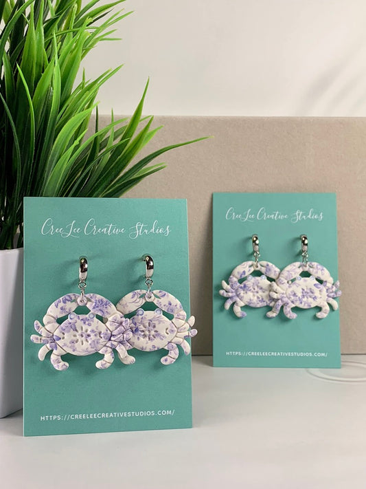 New - Blue Chintz Crab Earrings – Coastal Floral Crab Dangle Earrings