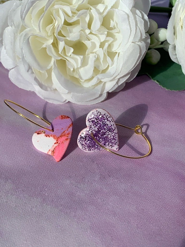 Marbled Earrings - Pink and Purple Marbled Heart on Hoops - 2-in-1 design