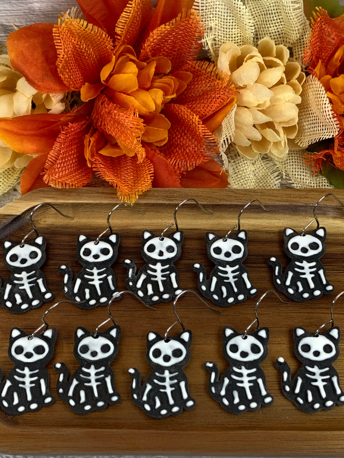 NEW * Nine Lives, No Pulse — Skeleton Cat Halloween Earrings