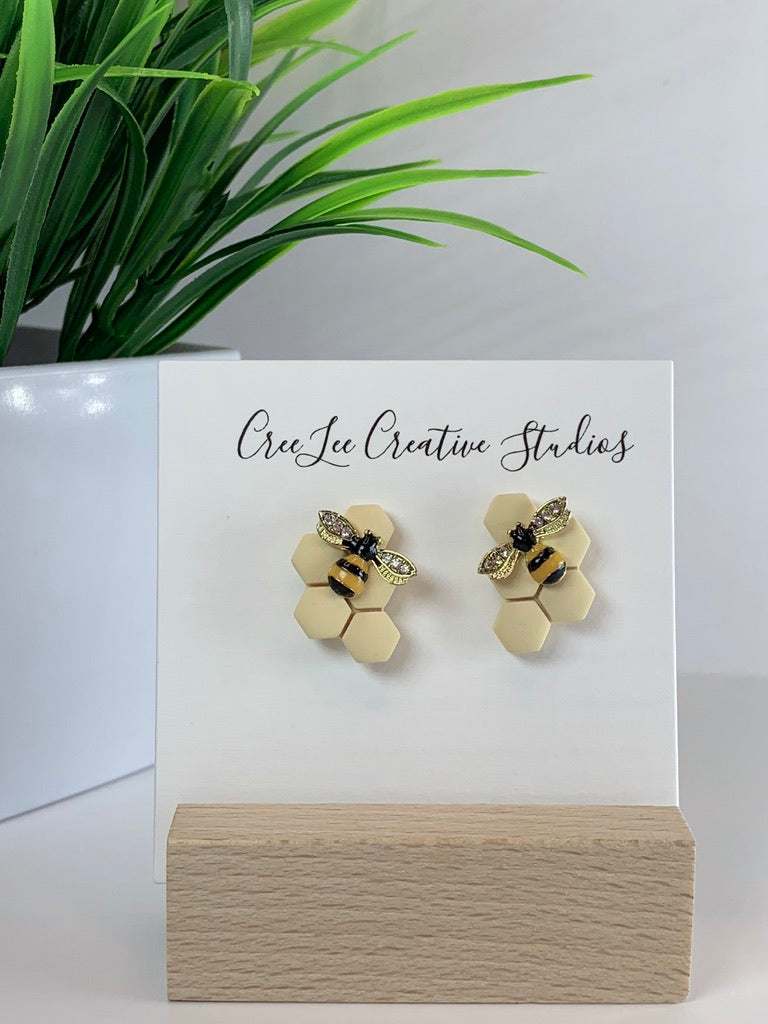 New - Honeybee Hex Stud Earrings – Handmade Honeycomb Bee Studs