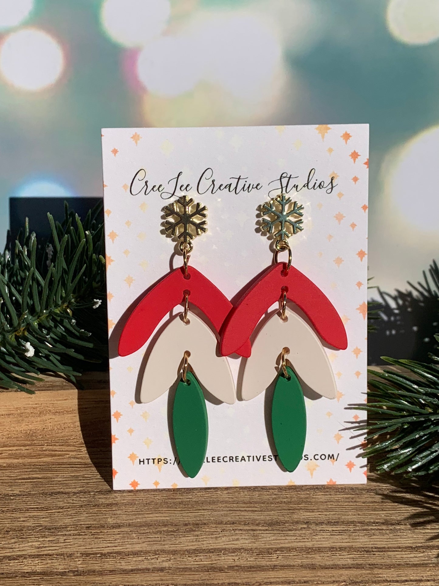 Winter Holiday Leaves Dangle Earrings – Red, White & Green with Gold Snowflake