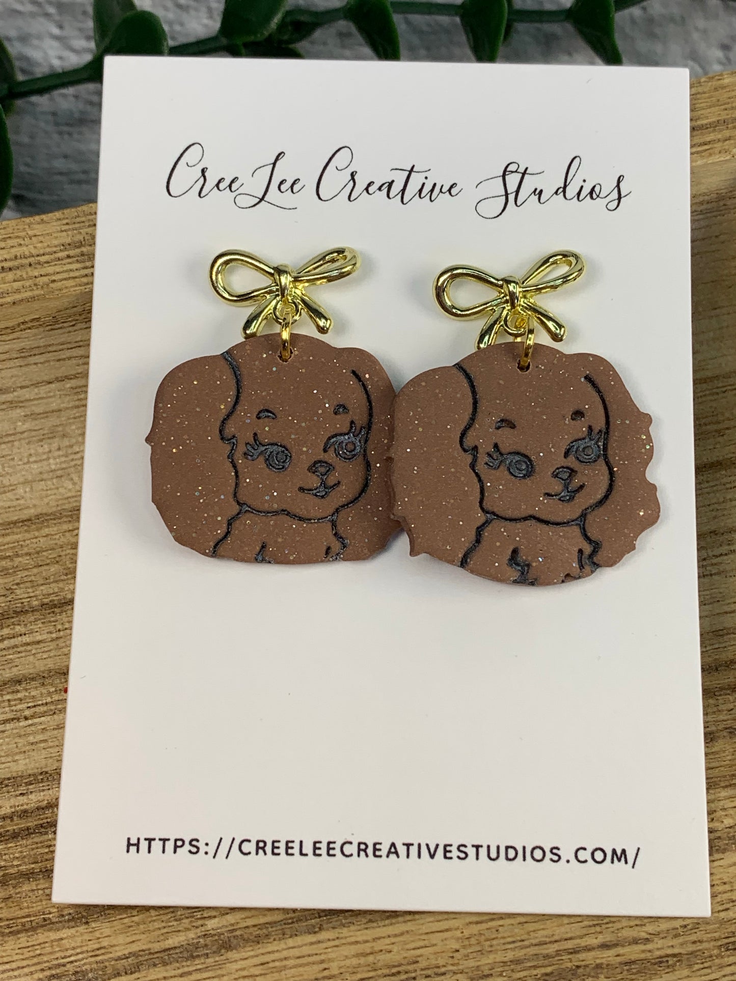 Dog - Brown Cocker Spaniel Earrings with Gold Bow
