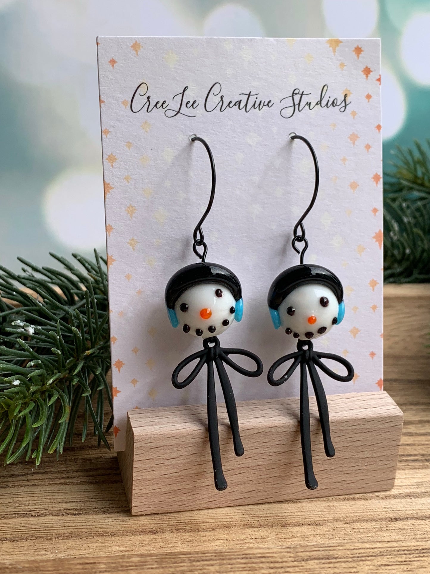 Winter - Snowman Earrings with Black Bow Tie — Glass Bead Holiday Dangles
