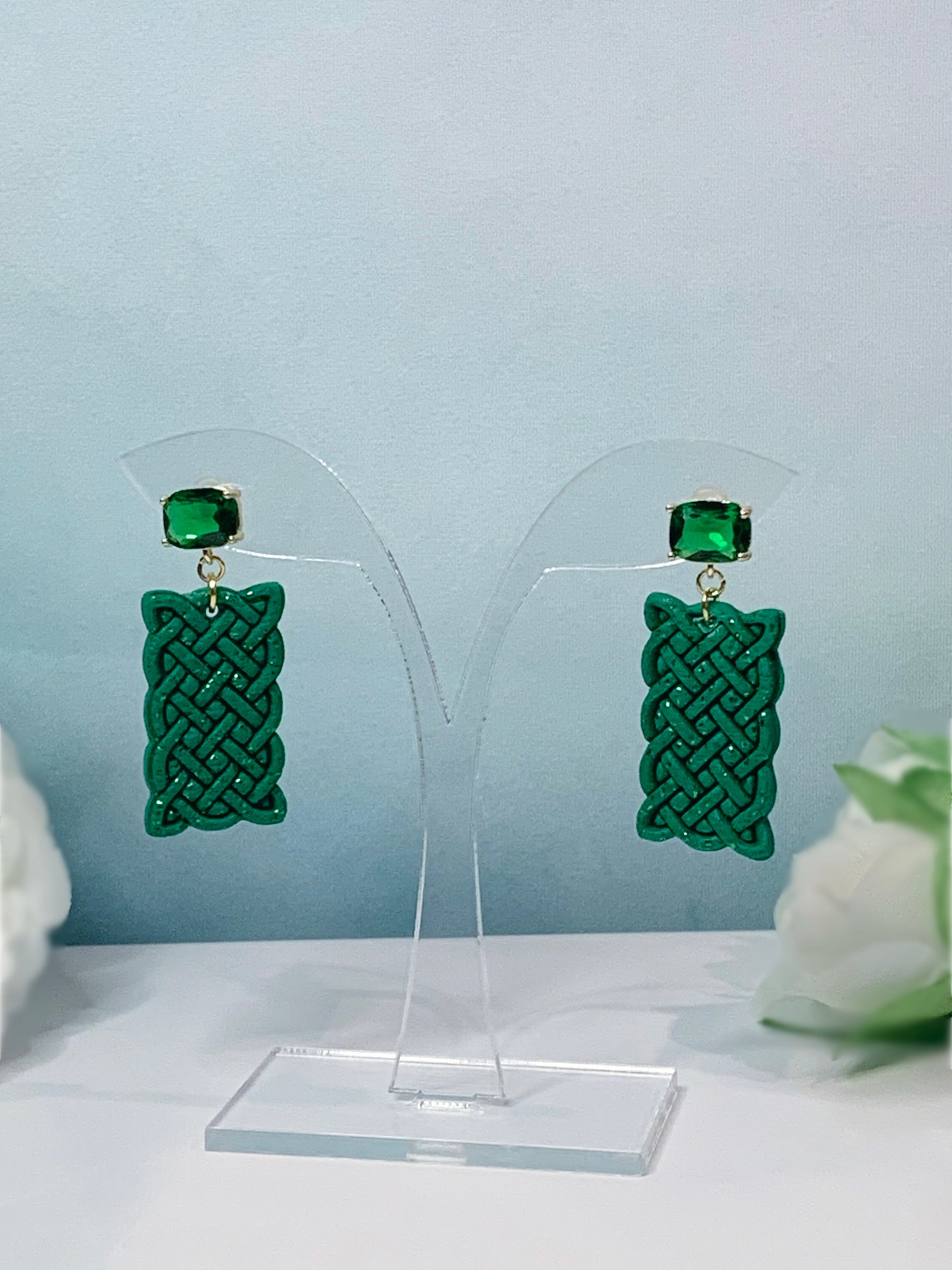 "New" Rectangular Celtic Braid - Sparkle Green Earrings