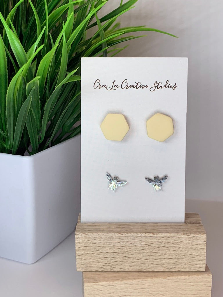 New - Hex & Honey Bee Stud Set – Handmade Honeycomb & Bee Earrings