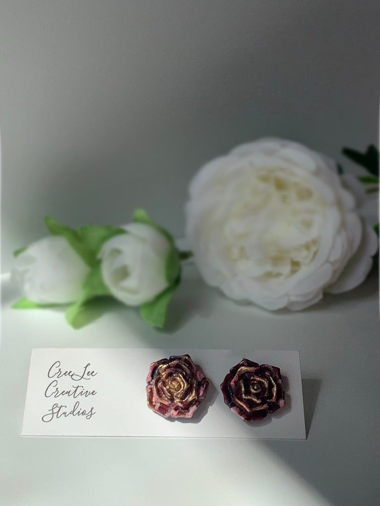 Flower Earrings - Maroon & Gold Roses - Large Studs