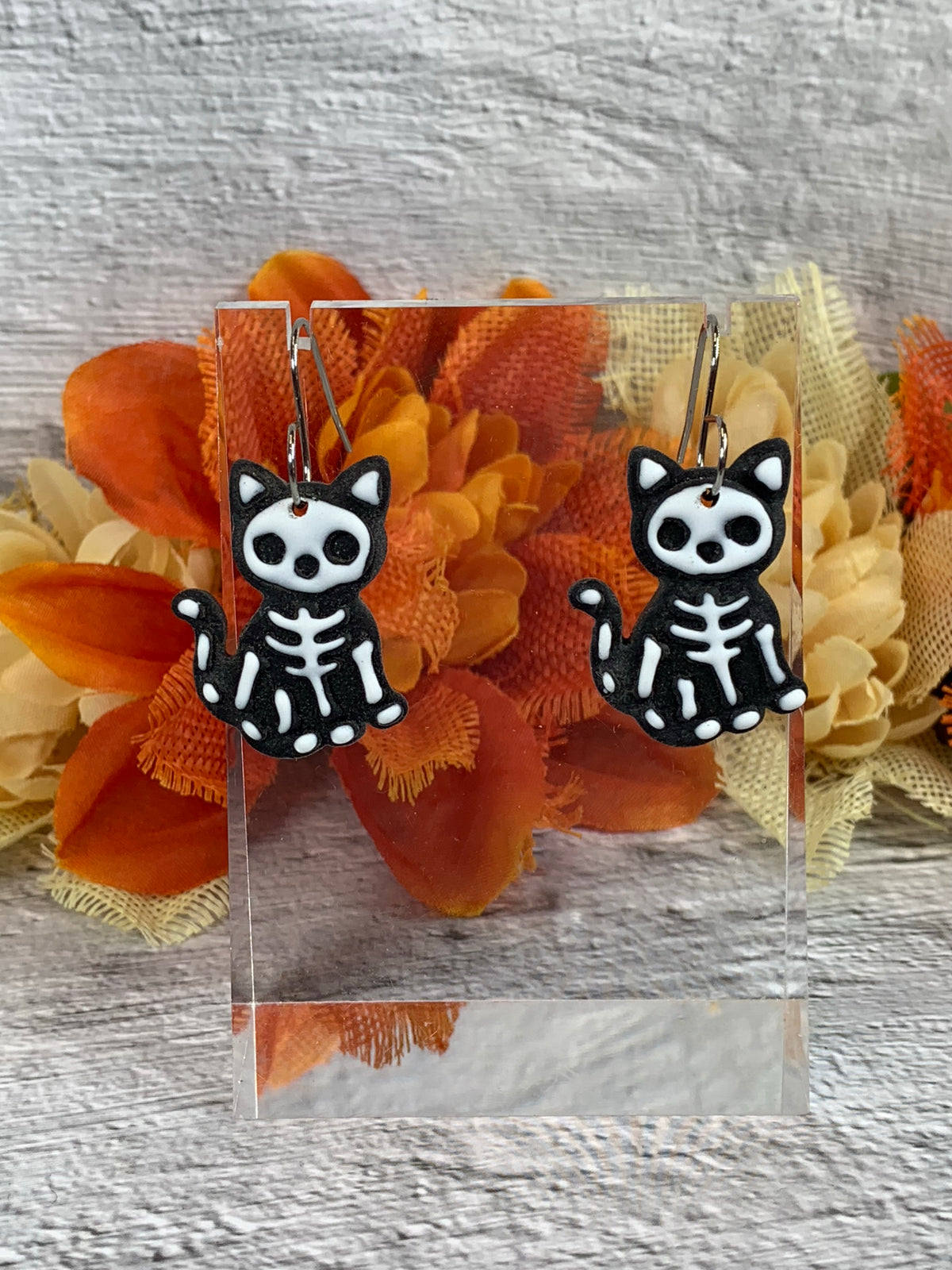 NEW * Nine Lives, No Pulse — Skeleton Cat Halloween Earrings