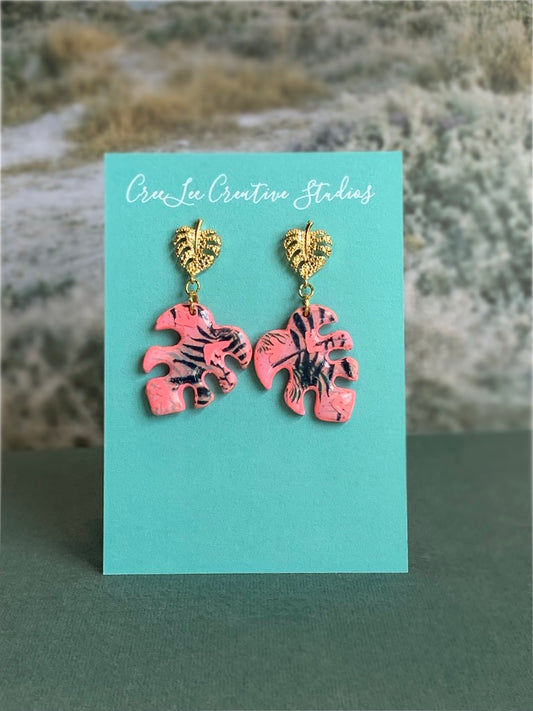 Pink Monstera Dangle Earring