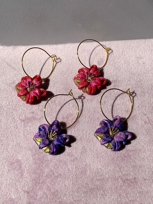 Flower Earrings - Magenta or Purple Iris Flowers on Hoops