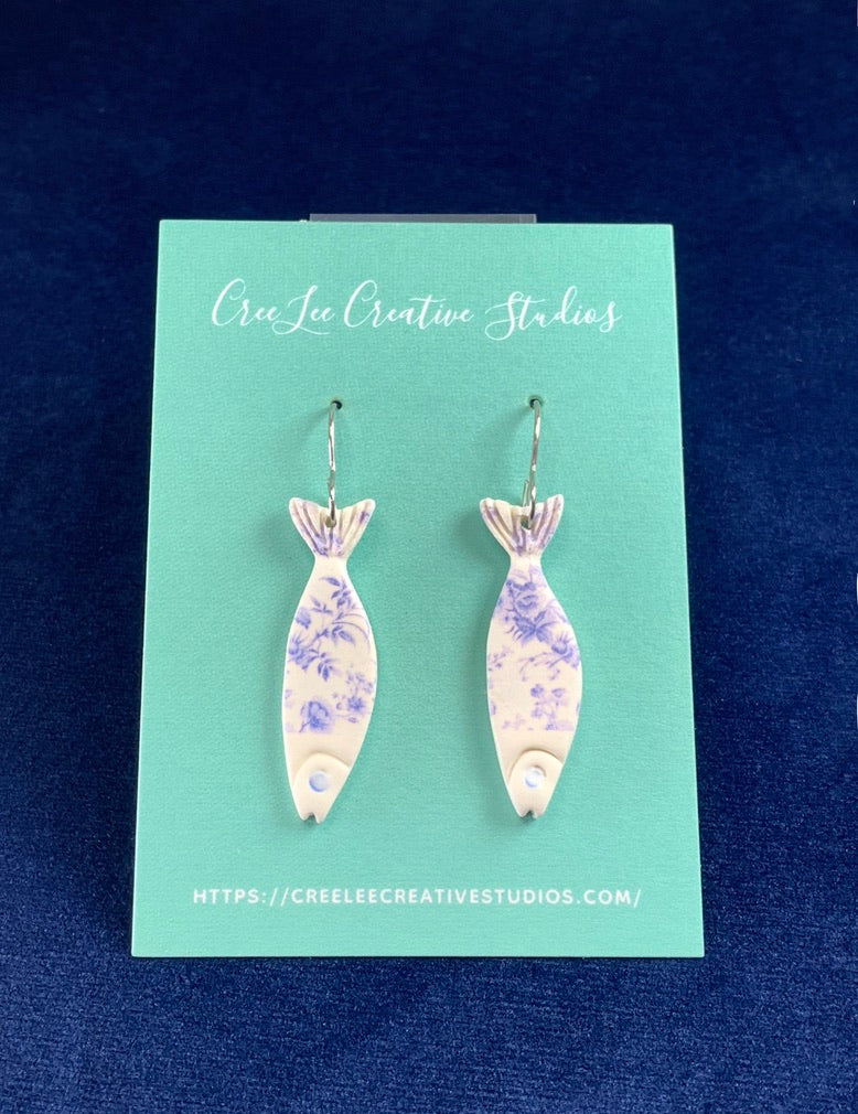 New - Blue Floral Sardine Earrings – Handmade Coastal Fish Dangle Earrings