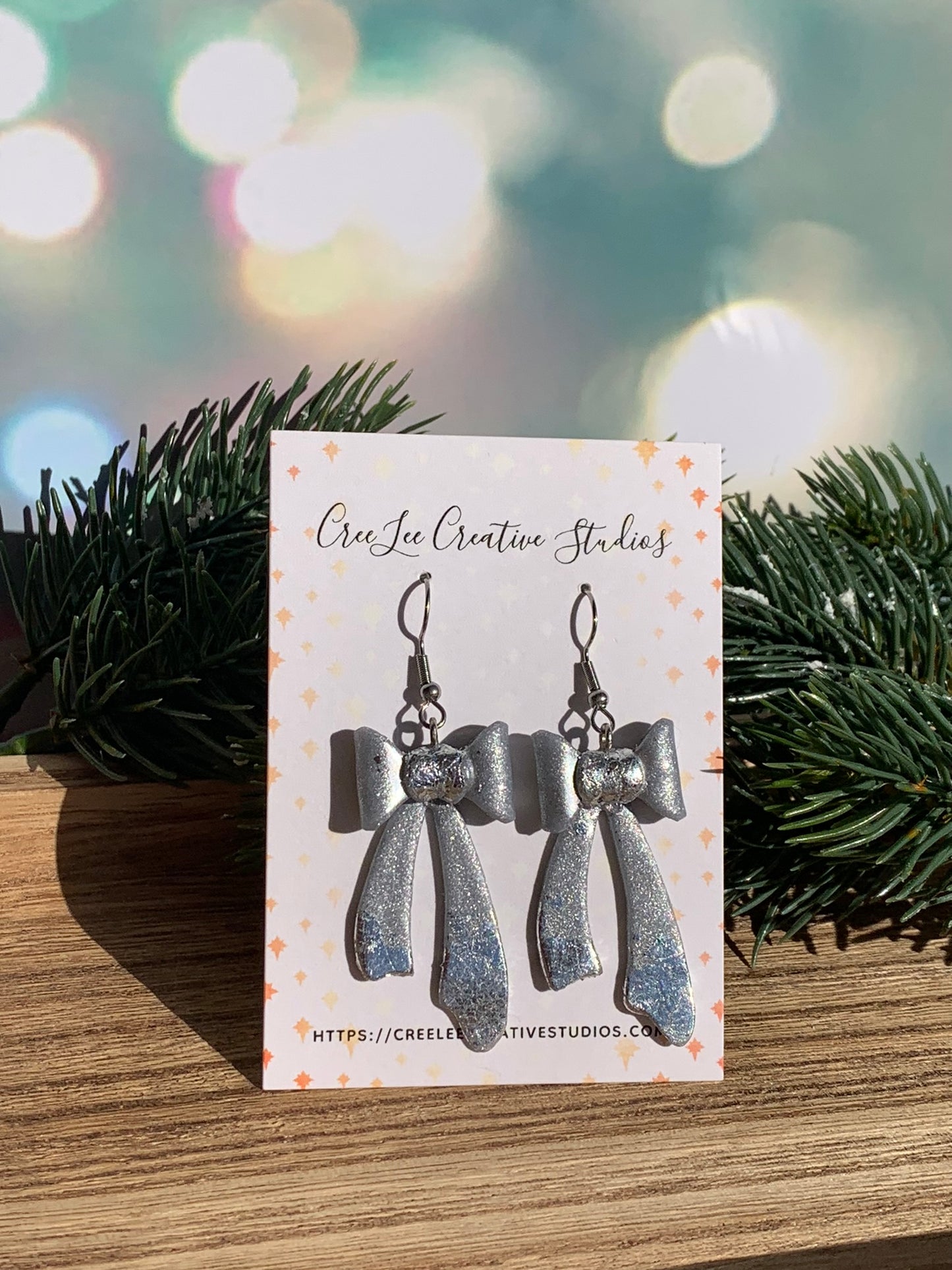 Winter Silver-Leaf 3D Bow Statement Earrings — Large Silver Clay Bows