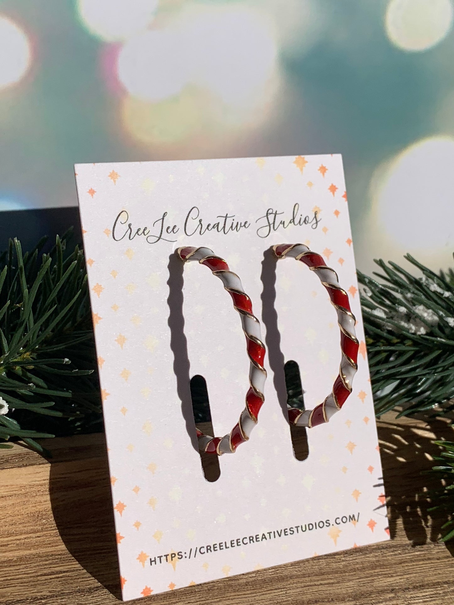 "New" Winter - Gold Candy-Stripe Open Hoop Earrings — Red & White Enamel • CreeLee Creative Studios