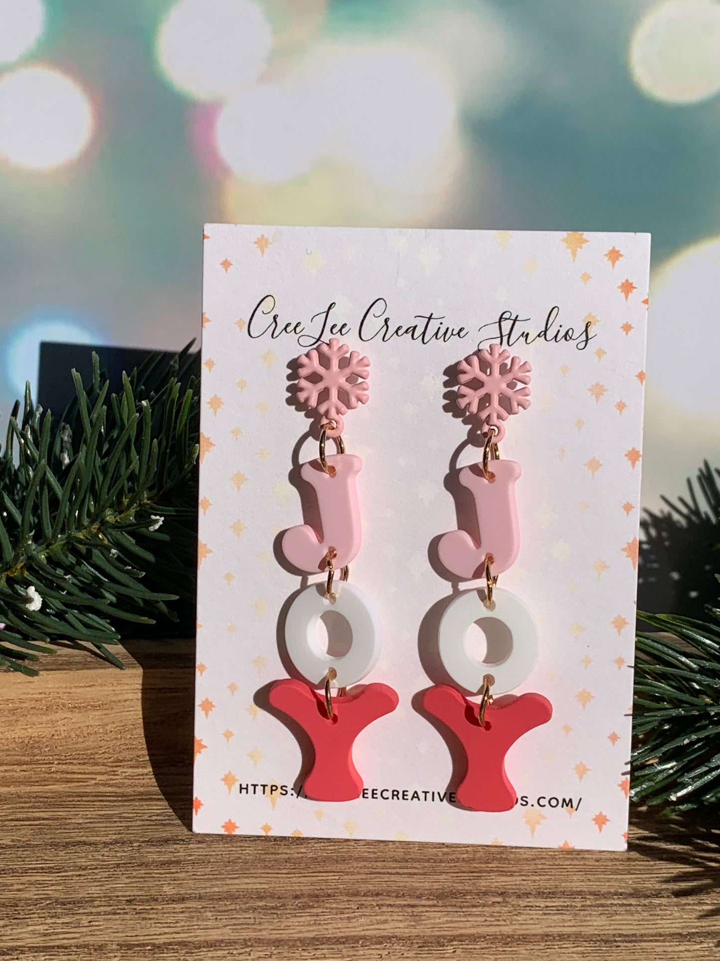 Winter JOY Pink Christmas Dangle Earrings with Snowflake Topper