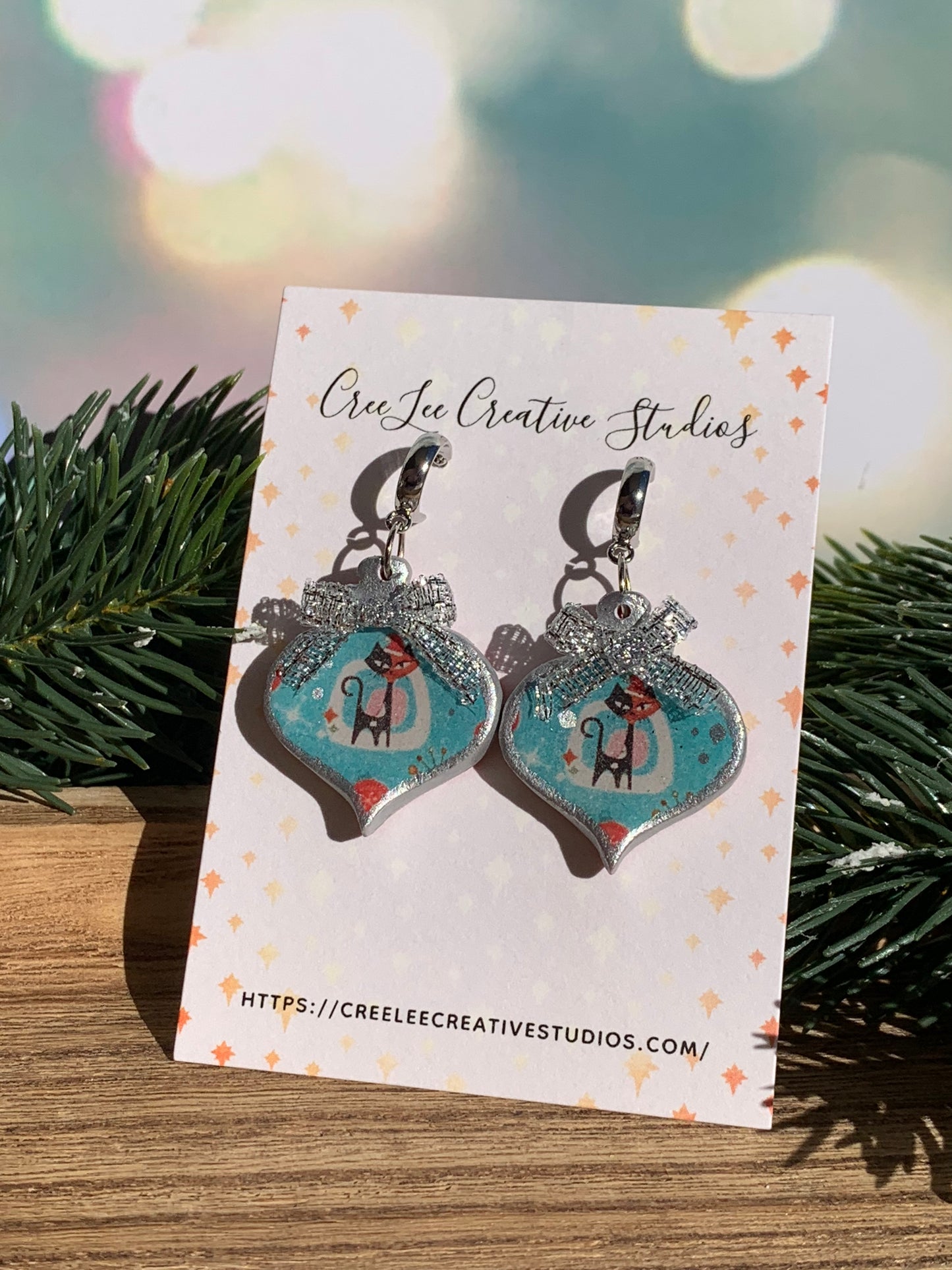 "New" Winter - Teal Mid-Century Cat Ornament Clay Earrings — Silver Snow • CreeLee Creative Studios