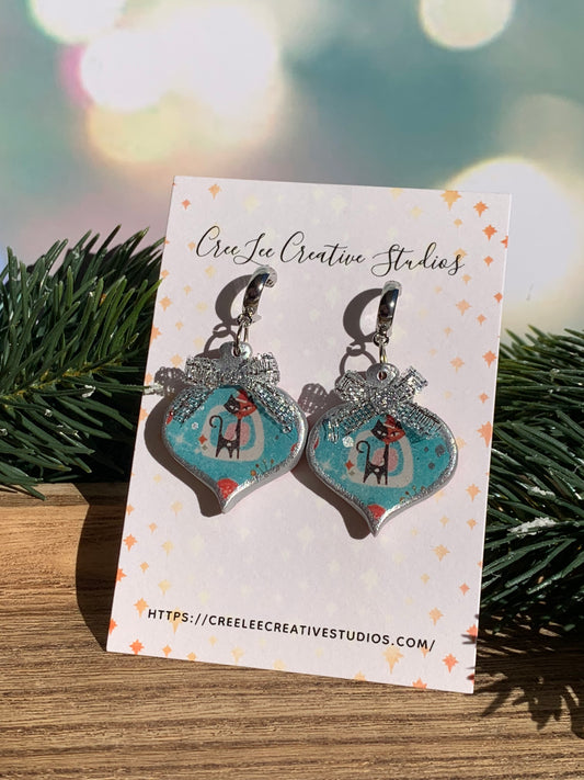 "New" Winter - Teal Mid-Century Cat Ornament Clay Earrings — Silver Snow • CreeLee Creative Studios