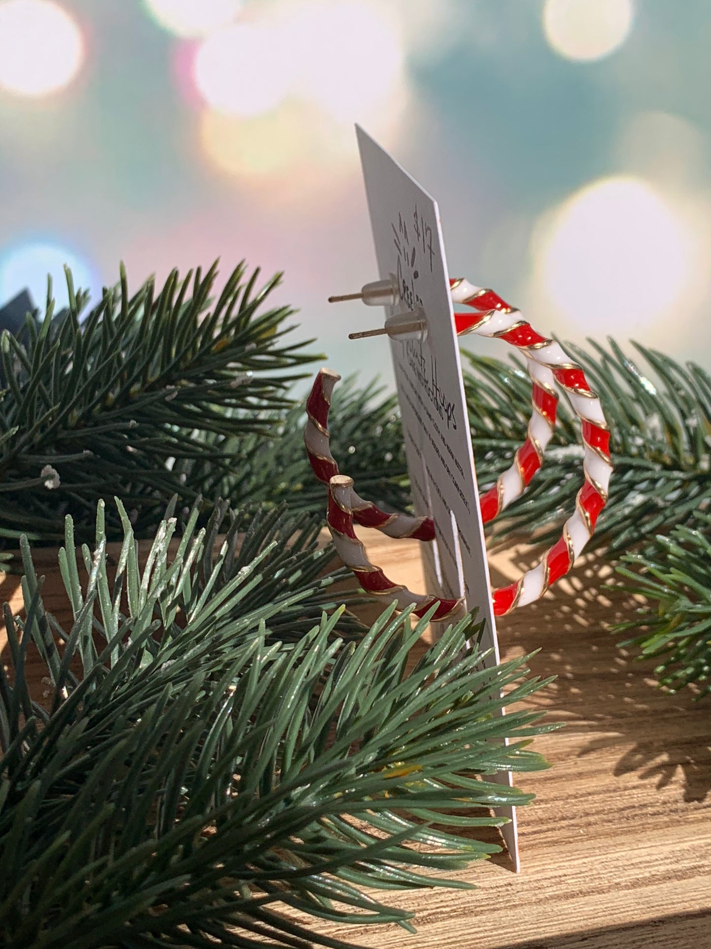 "New" Winter - Gold Candy-Stripe Open Hoop Earrings — Red & White Enamel • CreeLee Creative Studios