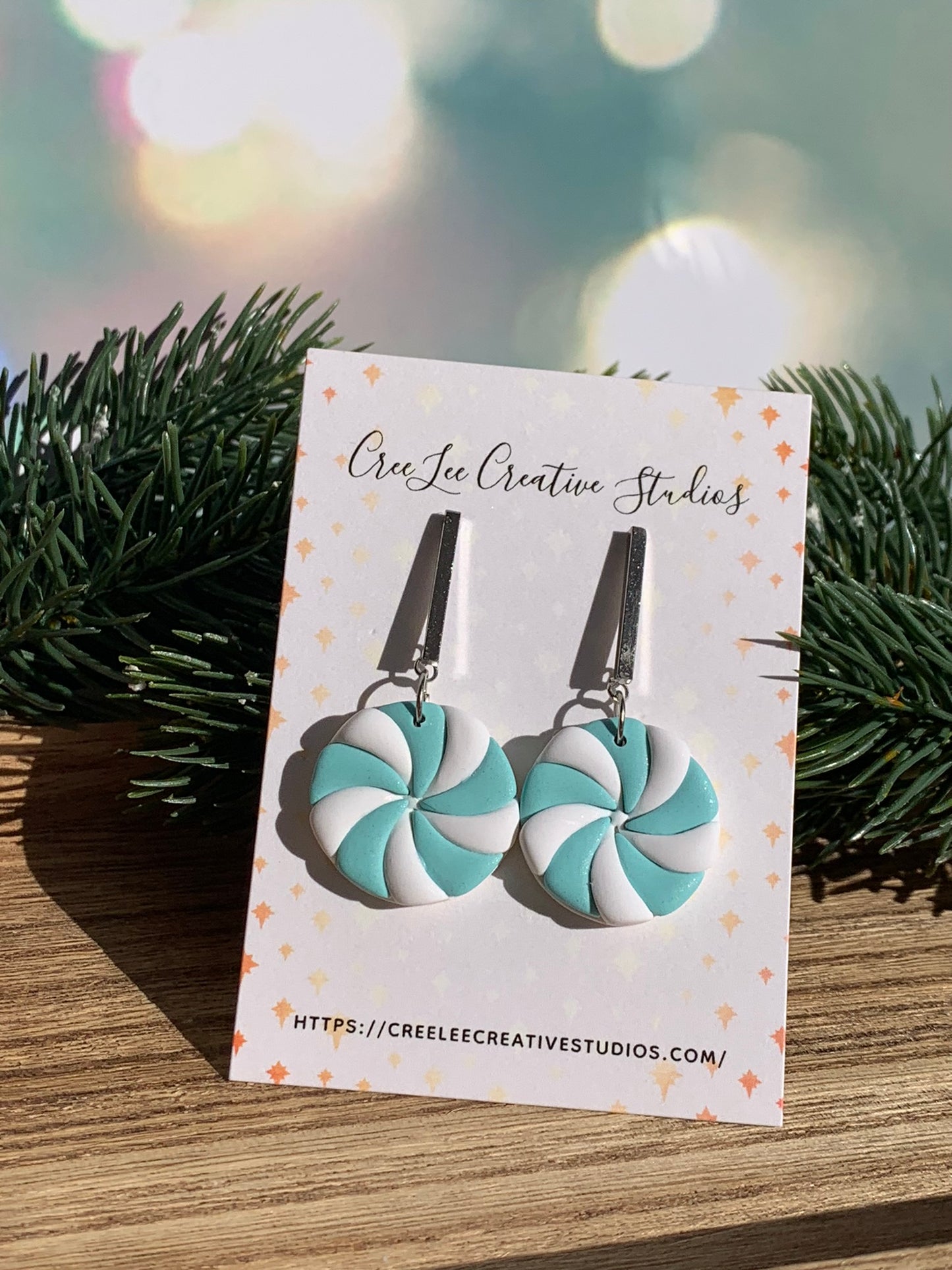"New" Winter - Aqua Peppermint Dangle Earrings – White & Aqua Spiral Disc, Long Silver Stick Finding