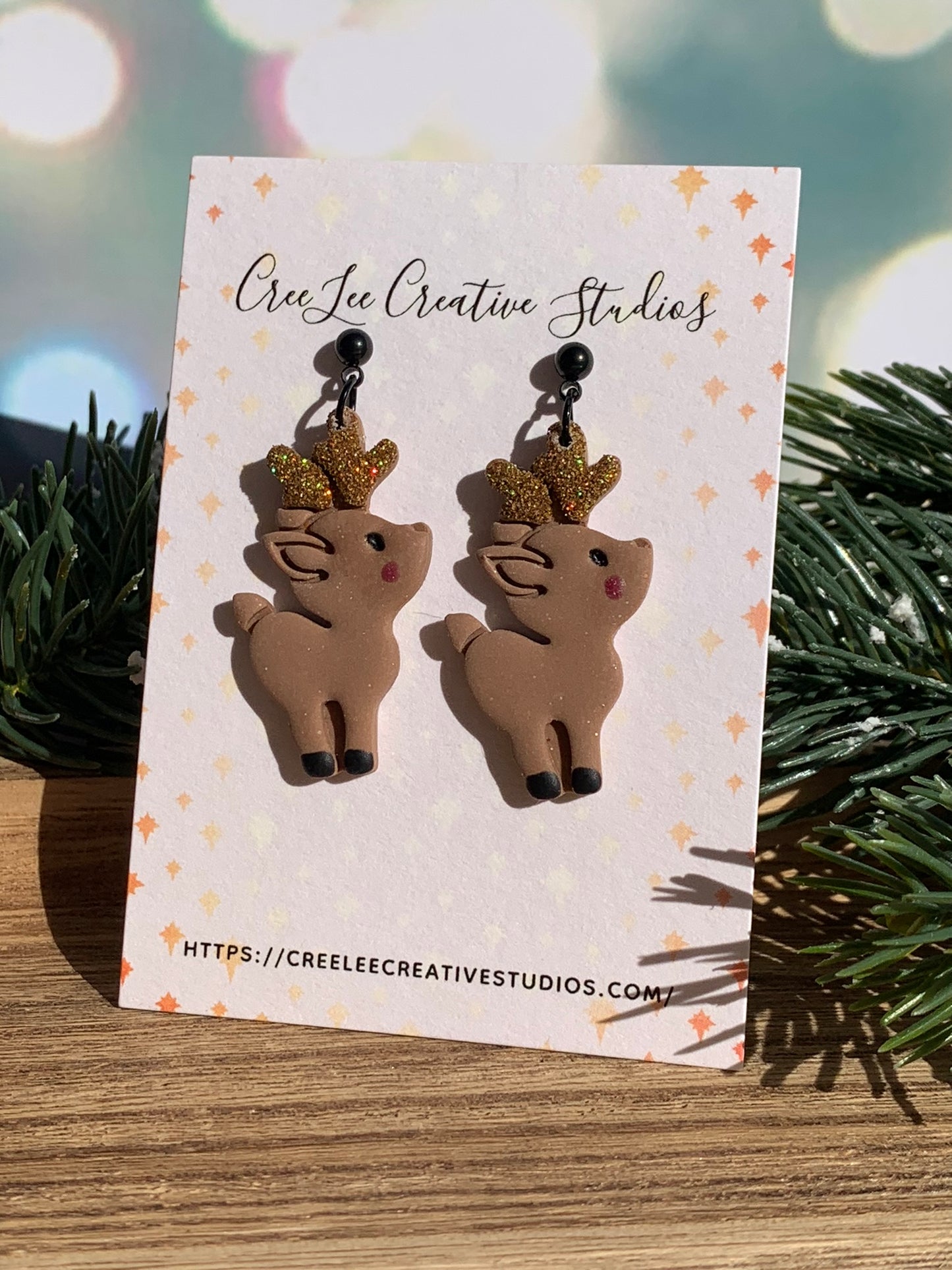 "New" Winter Reindeer Dangle Earrings with Glitter Antlers — Handmade Christmas Jewelry